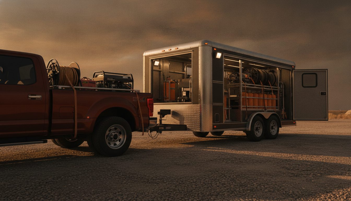 A spray foam rig trailer being hitched for transport